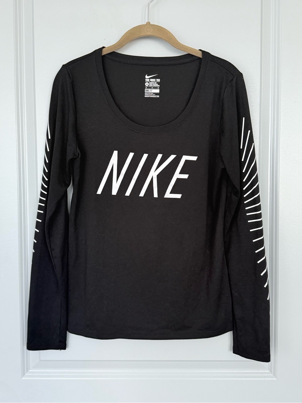 Nike Black Dri-FIT Long Sleeve Tee with White Logo and Sleeve Stripes